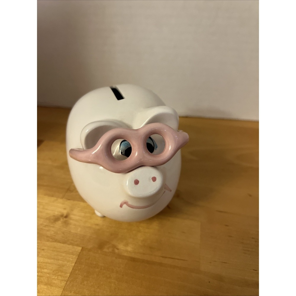 4"vintage Ceramic Piggy Bank Wearing Glasses With Stopper . Cute